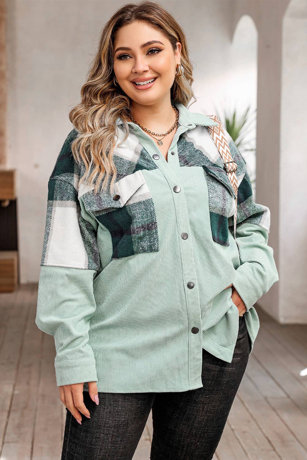 Plaid Patchwork Plus Size Corduroy Shacket