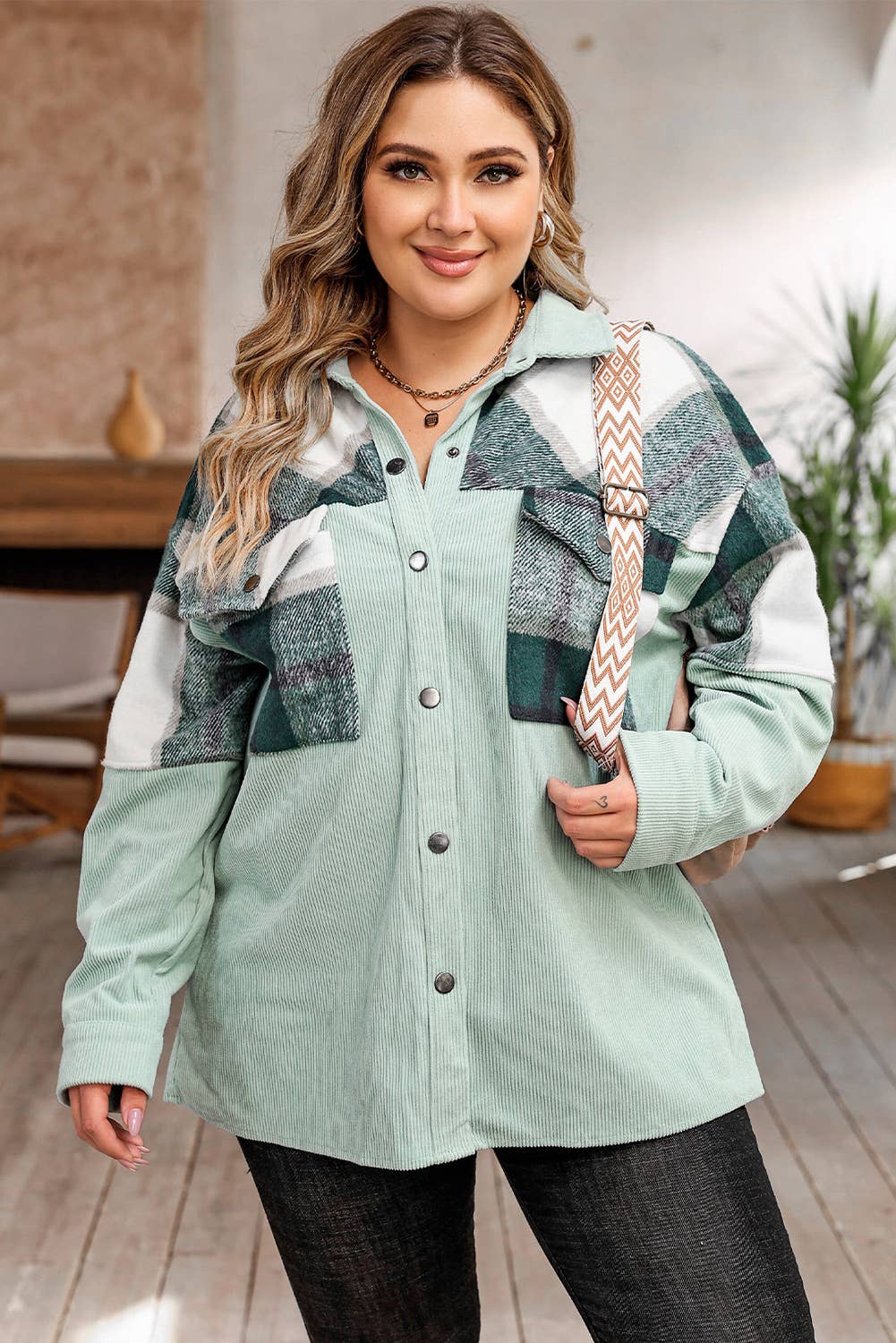 Plaid Patchwork Plus Size Corduroy Shacket