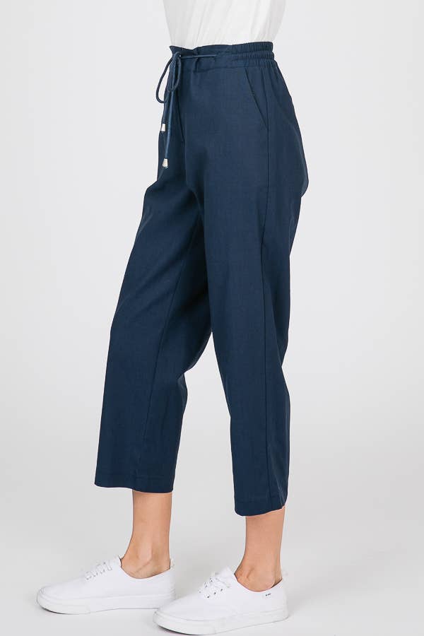 Navy Linen Drawstring Crop Pant