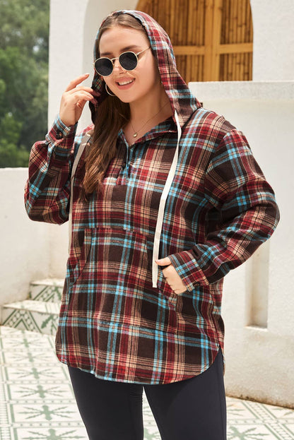 Plaid Kangaroo Pocket Drawstring Hoodie