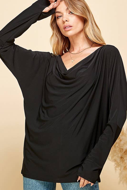 WIDE V NECK SOLID LONG SLEEVE LOOSE TOP