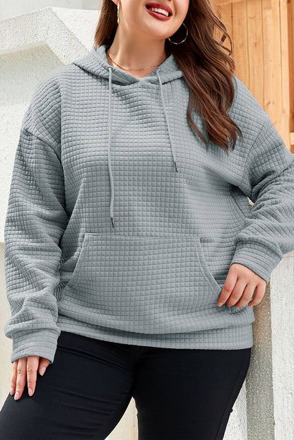 Gray Kangaroo Pockets Quilted Plus Size Hoodie