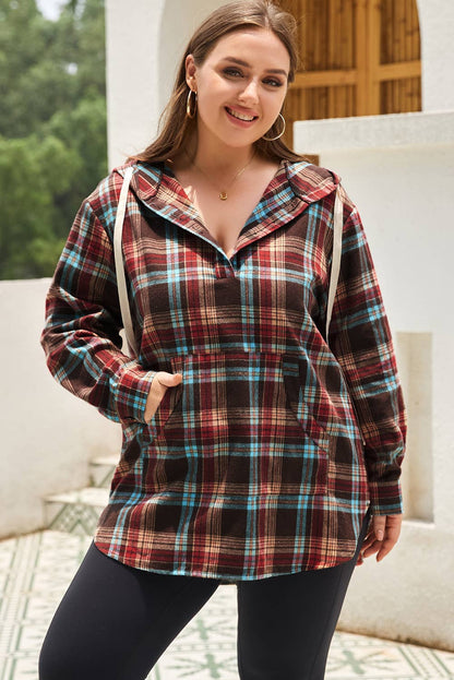 Plaid Kangaroo Pocket Drawstring Hoodie