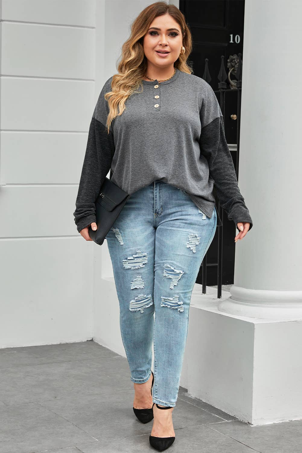 Black Plus Size Ribbed Long Sleeve Henley Top