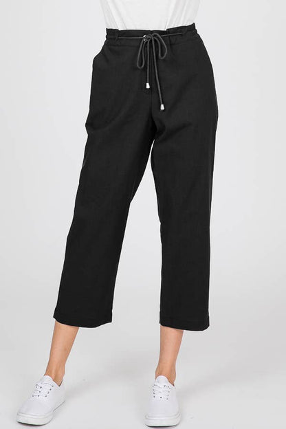 Navy Linen Drawstring Crop Pant