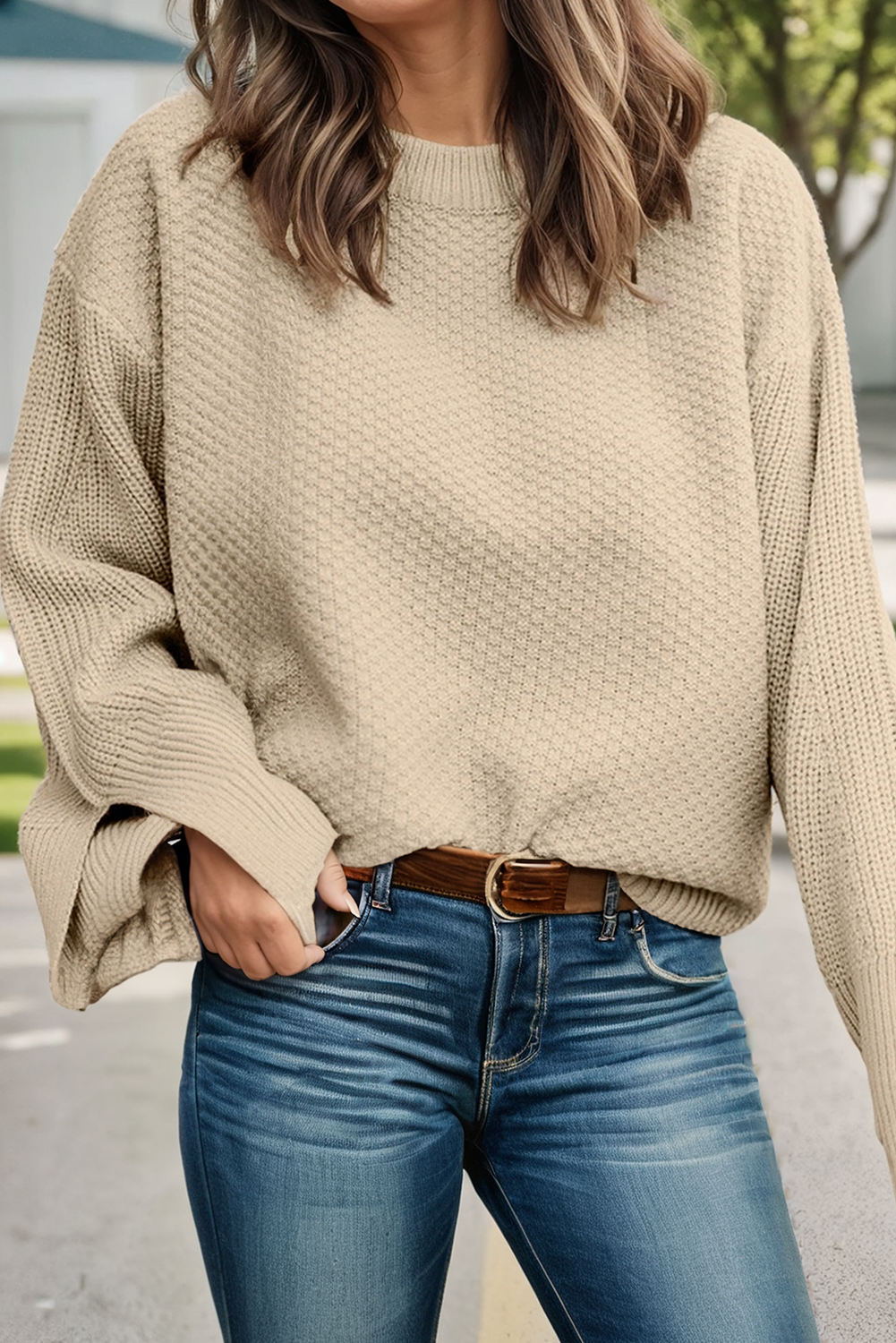 Textured Knit Split Cuff  Oversized Sweater