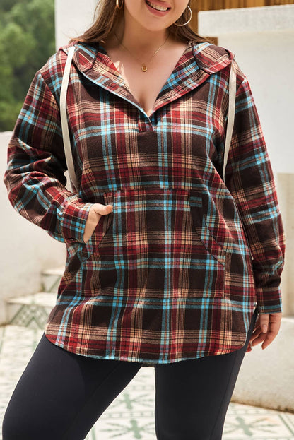 Plaid Kangaroo Pocket Drawstring Hoodie