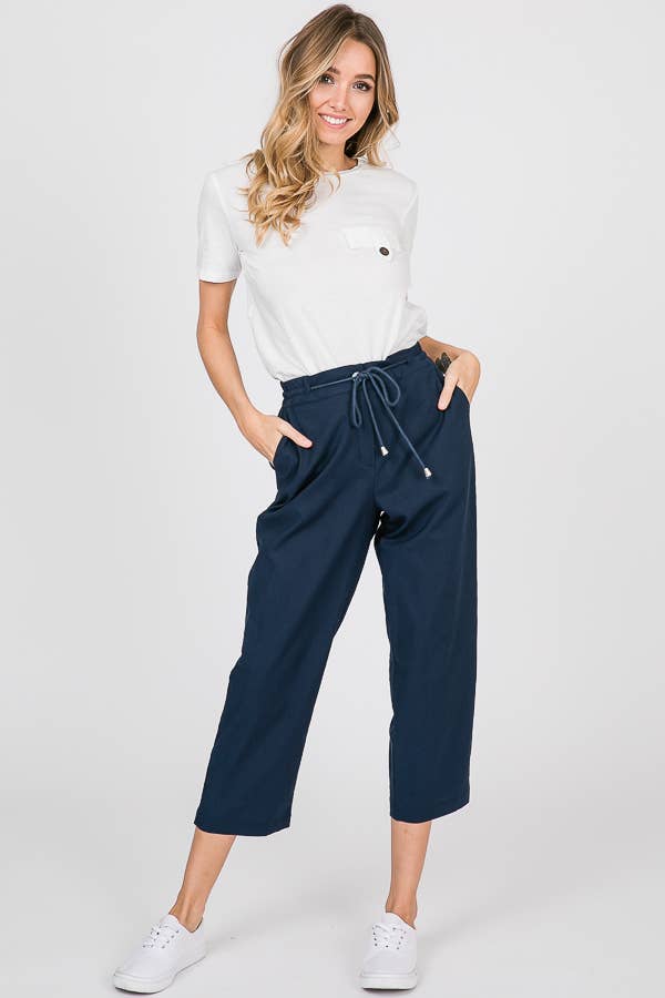 Navy Linen Drawstring Crop Pant