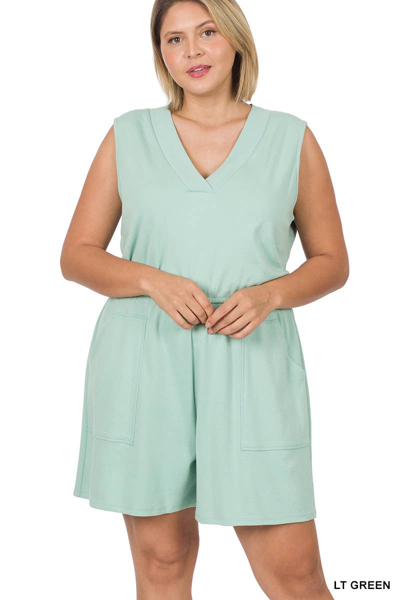 PLUS SIZE COTTON SLEEVELESS ROMPER WITH POCKETS