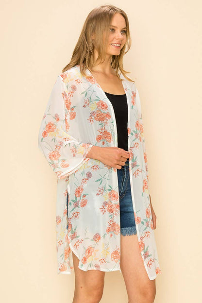 FLORAL PRINT KIMONO CARDIGAN OFF WHITE COMBO