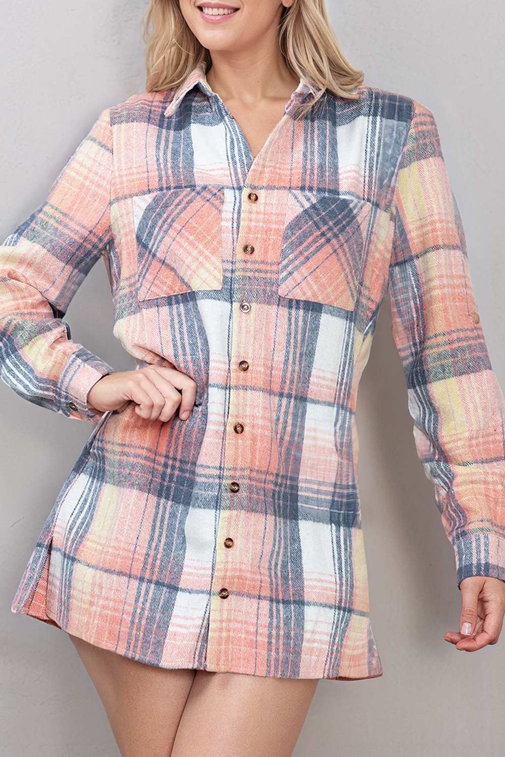 Plaid Side Slit Roll-tab Sleeve Shirt Dress (