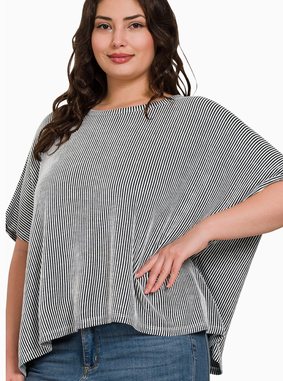 Black Ribbed Striped Oversized Short Sleeve Top