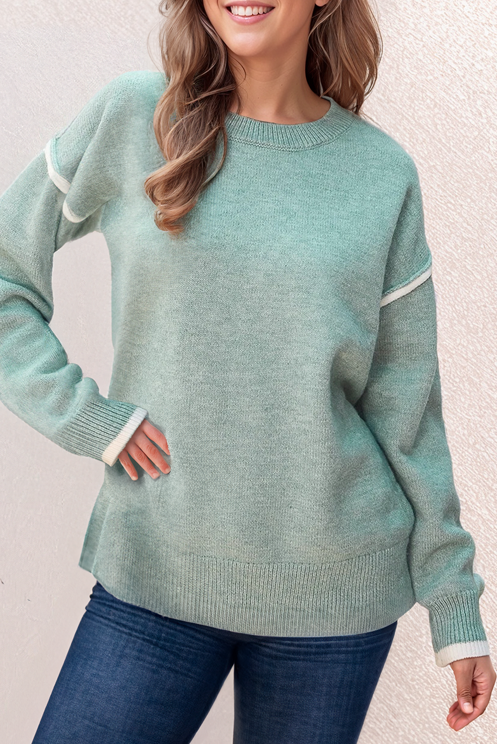 Colorblock Crewneck Contrast Edge Long Sleeve Sweater