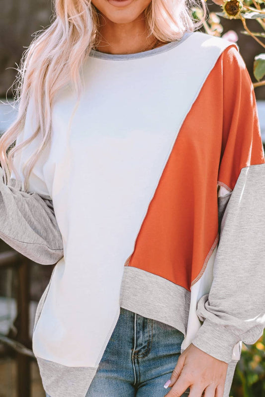 Color block Stitching Irregular Hem Long Sleeve Top