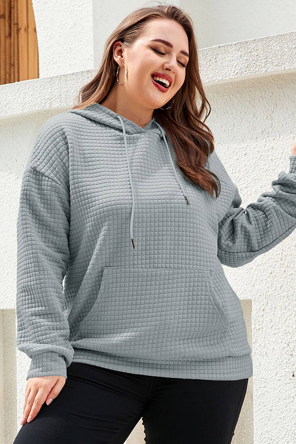 Gray Kangaroo Pockets Quilted Plus Size Hoodie