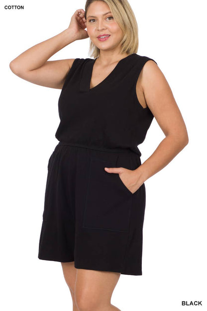 PLUS SIZE COTTON SLEEVELESS ROMPER WITH POCKETS