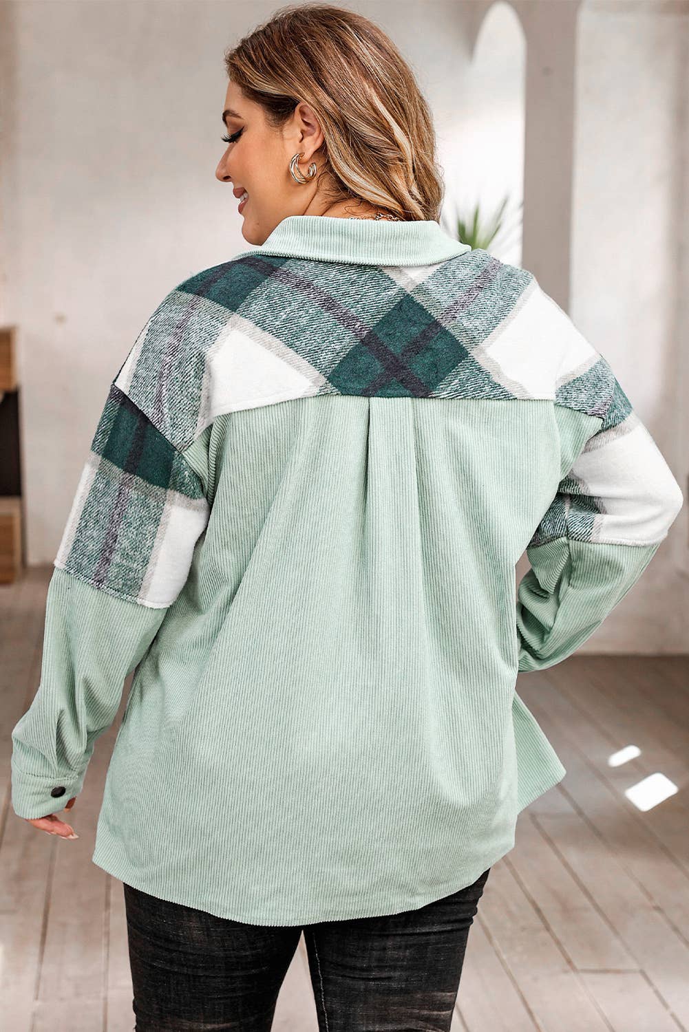 Plaid Patchwork Plus Size Corduroy Shacket