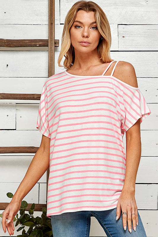 PINK STRIPED SHOULDER TOP WITH STRANDS