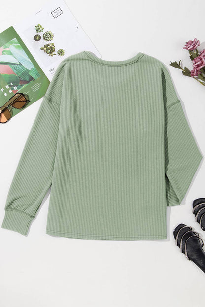 Plus Size Corded Knit Pocketed Crew Neck Top