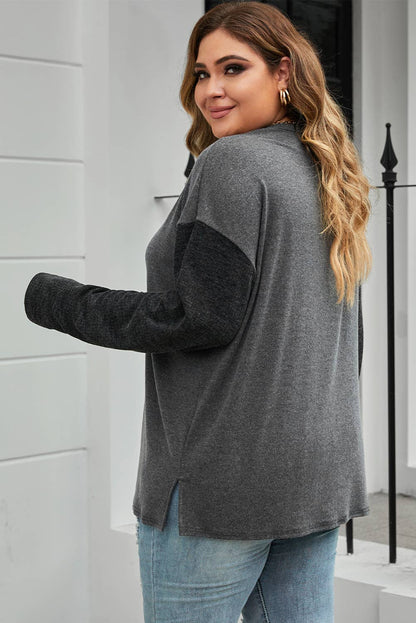 Black Plus Size Ribbed Long Sleeve Henley Top