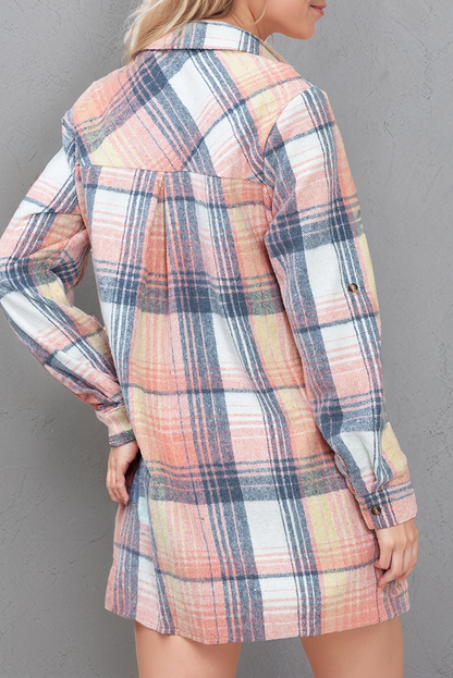 Plaid Side Slit Roll-tab Sleeve Shirt Dress (