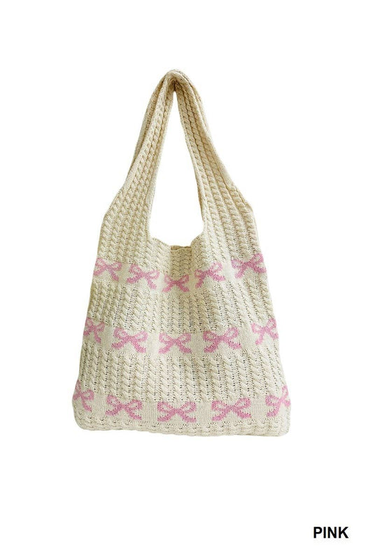 Ribbon Bow Pattern Knitted Woven Crochet Tote Bag - Patti Sue's